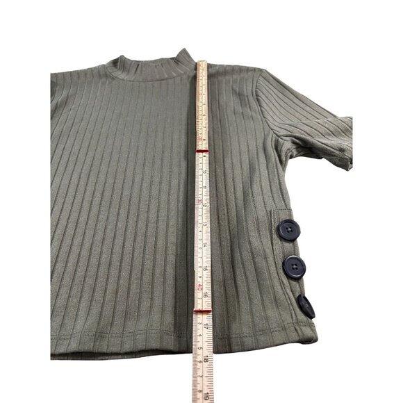 Bar III Womens Short Sleeve Ribbed Mock Neck Top M Side Button Detail Olive - Picture 11 of 11